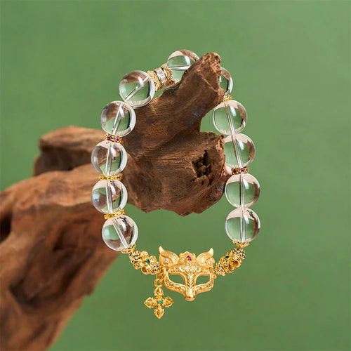 Buddha Stones Fox Cross Charm White Crystal Beaded Protection Bracelet