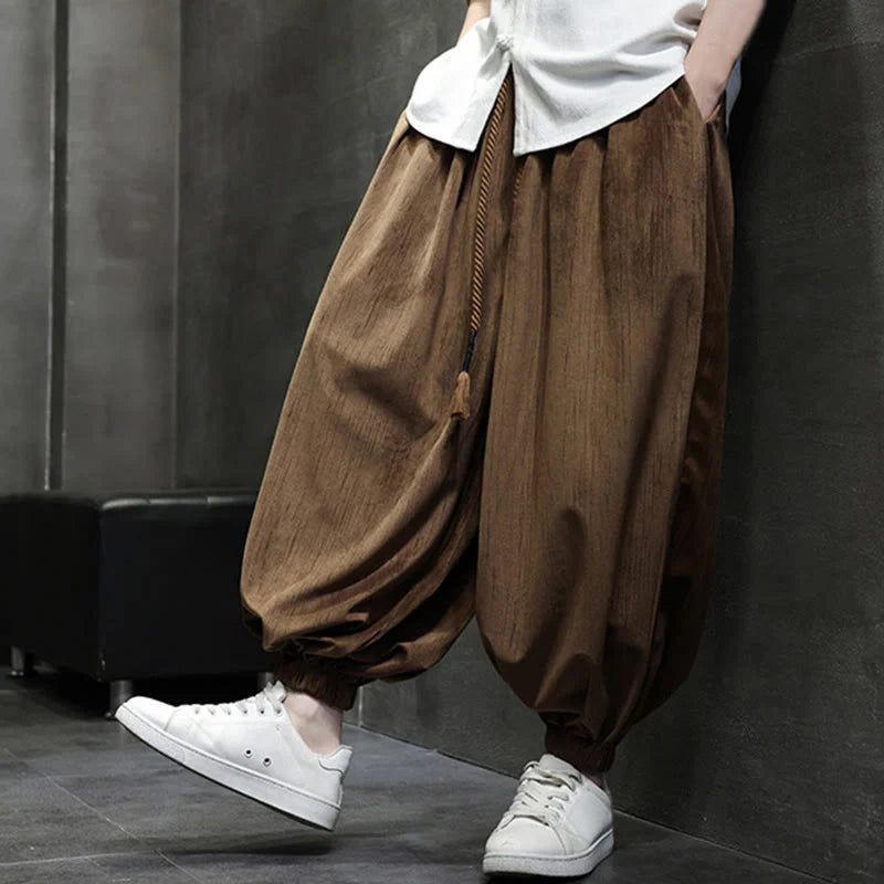 Buddha Stones Casual Daily Pure Color Drawstring Design Men's Harem Pants With Pockets