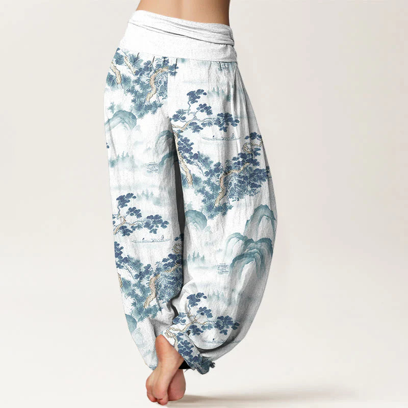 Buddha Stones Print Pine Trees Mountains Pattern Pure Cotton Women's Elastic Waist Harem Pants