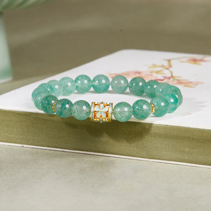 Buddha Stones 925 Sterling Silver Green Strawberry Quartz Flower Calm Bracelet