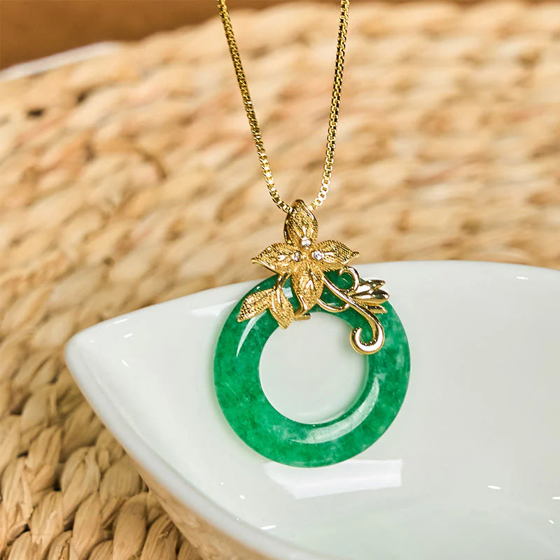 Buddha Stones Cyan Jade Peace Buckle Alloy Flower Healing Luck Necklace Pendant