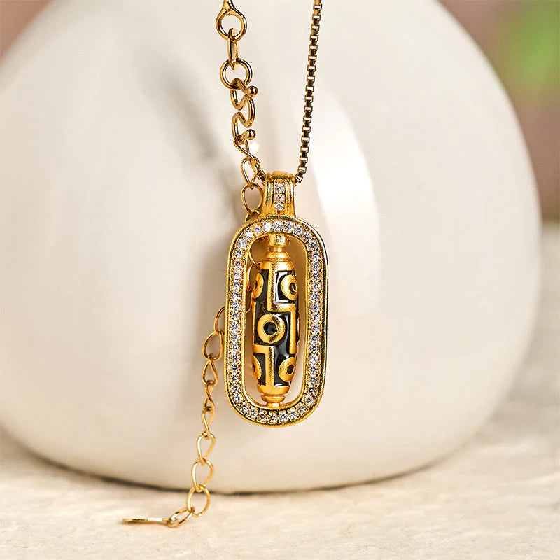 Buddha Stones 24k Gold Plated Brass Nine-eye Dzi Bead Auspicious Pattern Wealth Pendant Necklace
