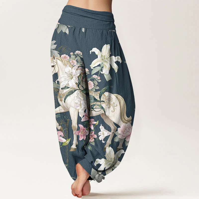 Buddha Stones Pure Cotton Romantic Horse Lily Peony Pattern Women's Elastic Waist Harem Pants