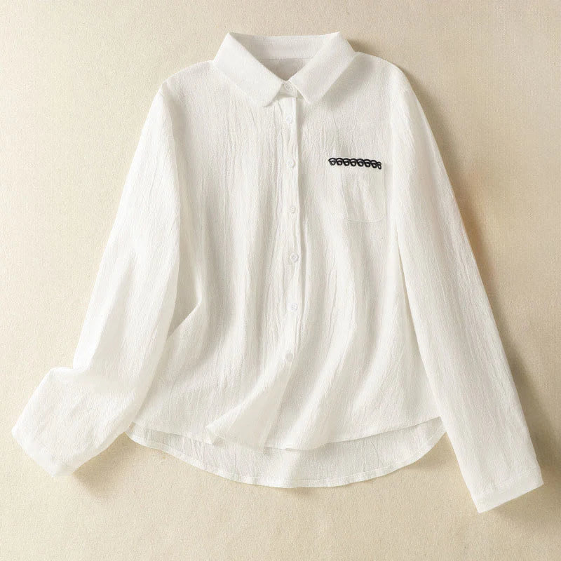 Buddha Stones Women's Spring Retro Plain Simple Embroidery Design Long Sleeve Cotton Shirt With Pocket