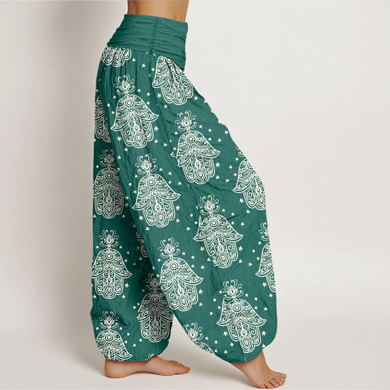 Buddha Stones Cotton Neatly Arranged Hamsa's Hand Pattern Women's Elastic Waist Harem Pants