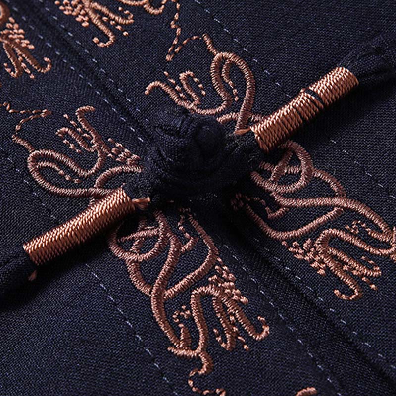 Buddha Stones Fu Character Embroidery Tang Suit Frog-Button Men's Long Sleeve Jacket Shirt Pants