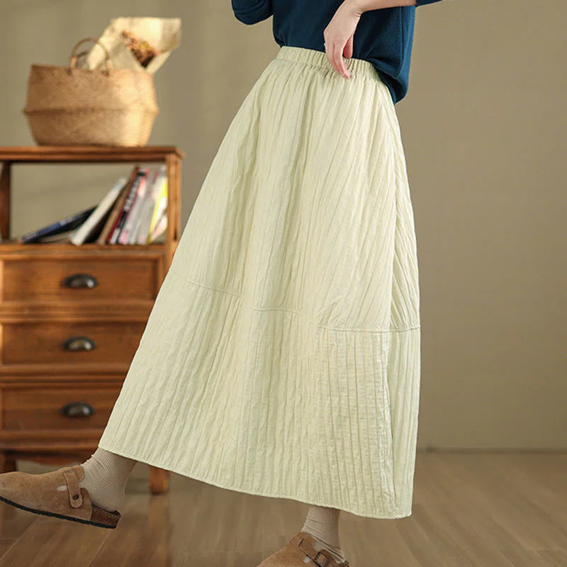 Buddha Stones Plain Pleats Design Elastic Waist Women's Thermal Skirt With Pockets