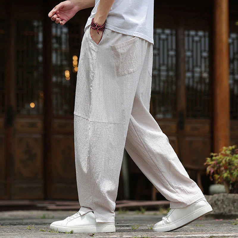 Buddha Stones Solid Drawstring Men's Elastic Waistband Cotton Linen Pants With Pockets