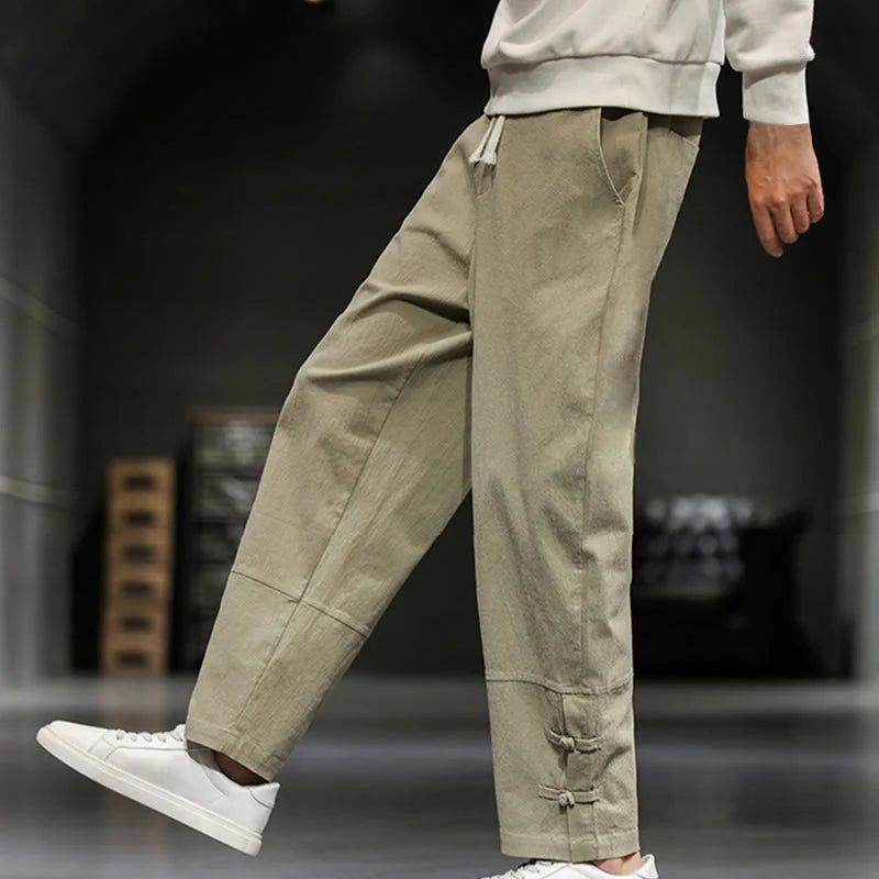 Buddha Stones Drawstring Elastic Waist Frog-Button Ankle-Length Men's Cotton Pants With Pockets