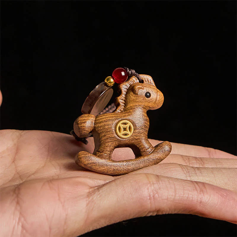 Buddha Stones Year of the Horse Rainbow Eucalyptus Small Leaf Red Sandalwood Linden Wood Ebony Carved Positive Key Chain