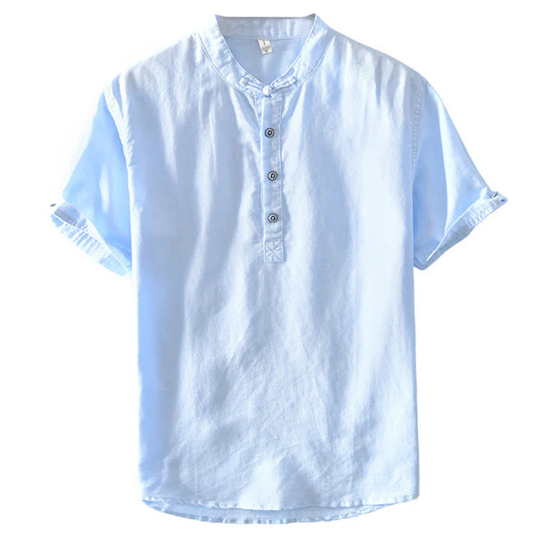 Buddha Stones Solid Color Half Button Design Stand Collar Men's Short Sleeve Cotton Linen Shirt