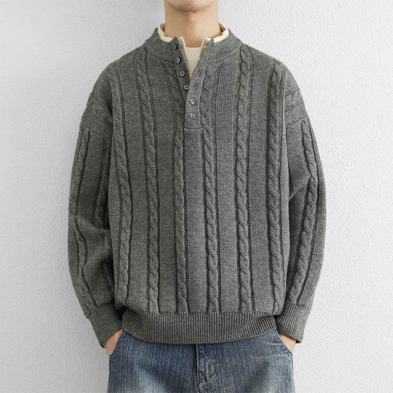 Buddha Stones Winter V-Neck Buttons Twisted Design Warm Men's Long Sleeve Knitted Sweater