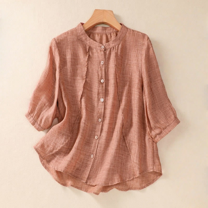 Buddha Stones Casual Daily Plain Button Ruffled Design Stand Collar Women's Cotton Linen Three Quarter Sleeve Shirt Cardigan