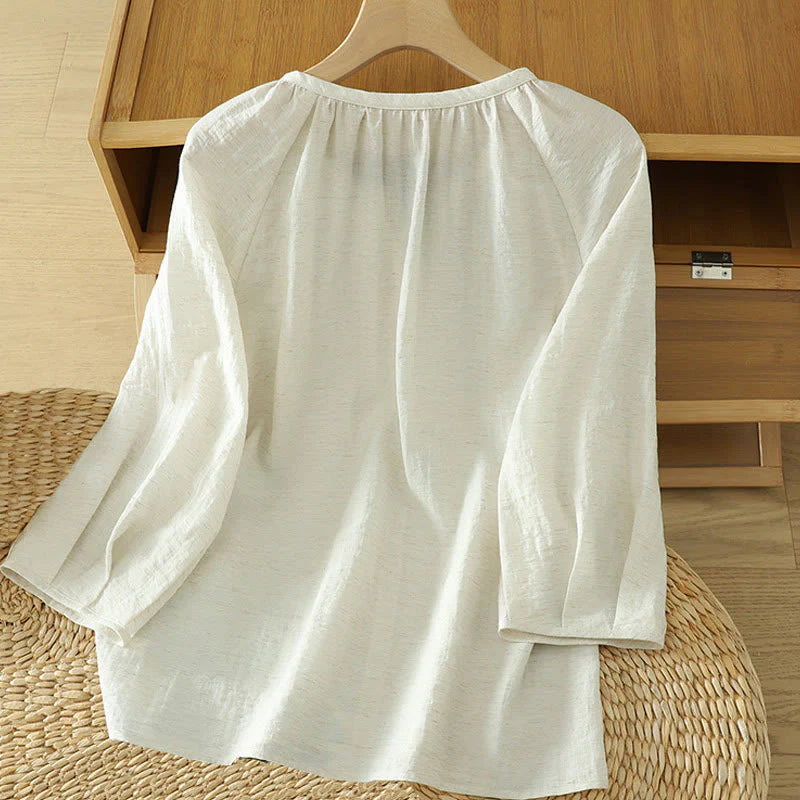Buddha Stones White Plain Button Three Quarter Sleeve Women's Shirt