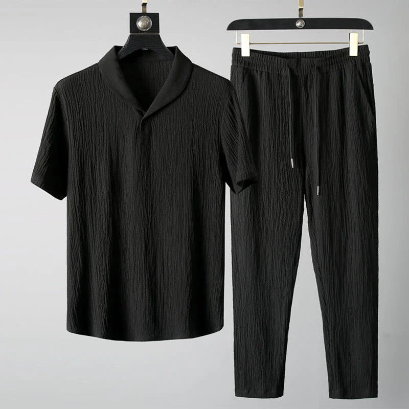 Buddha Stones 2Pcs Solid Color Wrinkle V-Neck Short Sleeve T-shirt Pants Clothing Men's Set