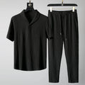 Buddha Stones 2Pcs Solid Color Wrinkle V-Neck Short Sleeve T-shirt Pants Clothing Men's Set