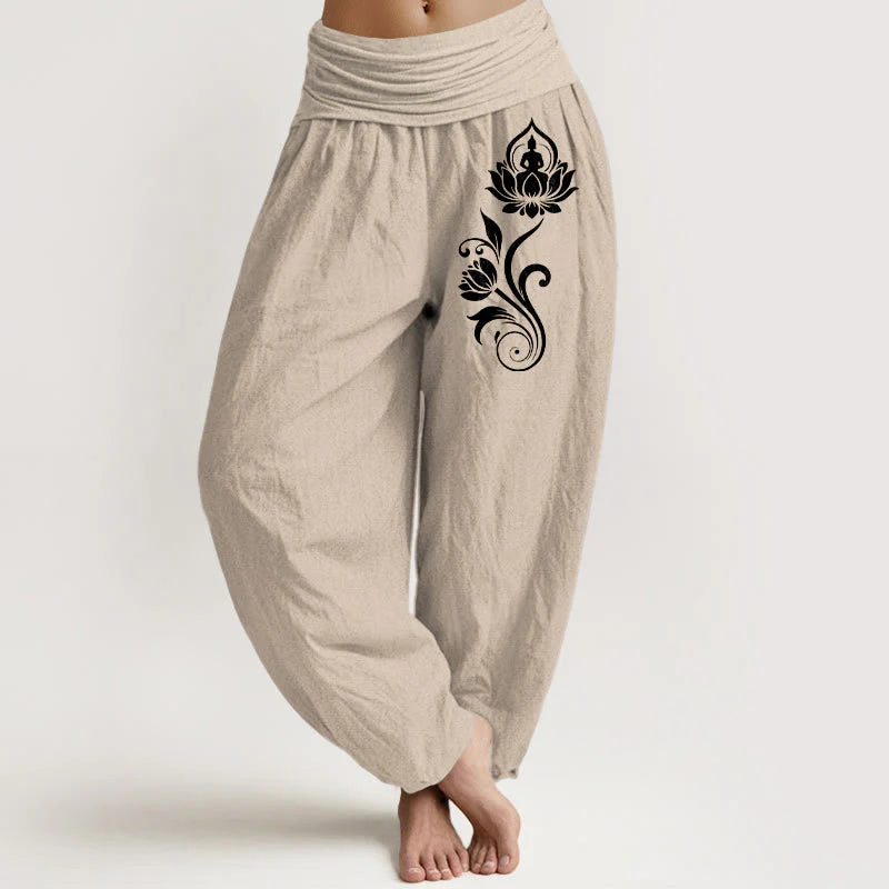 Buddha Stones Sitting Buddha Lotus Floral Pattern Elastic Waist Women's Harem Pure Cotton Pants