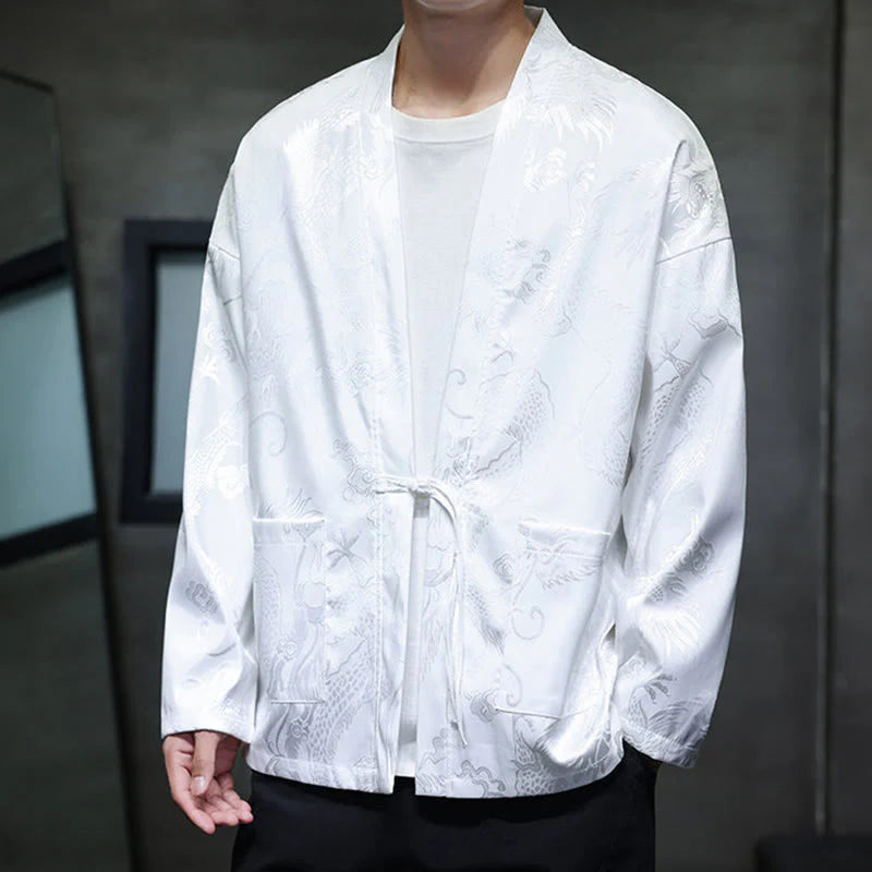 Buddha Stones Frog-Button Dragon Jacquard Stand Collar Long Sleeve Tang Suit Men's Shirt