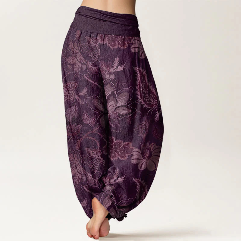 Buddha Stones Cotton Casual Floral Leaves Women's Elastic Waist Harem Pants
