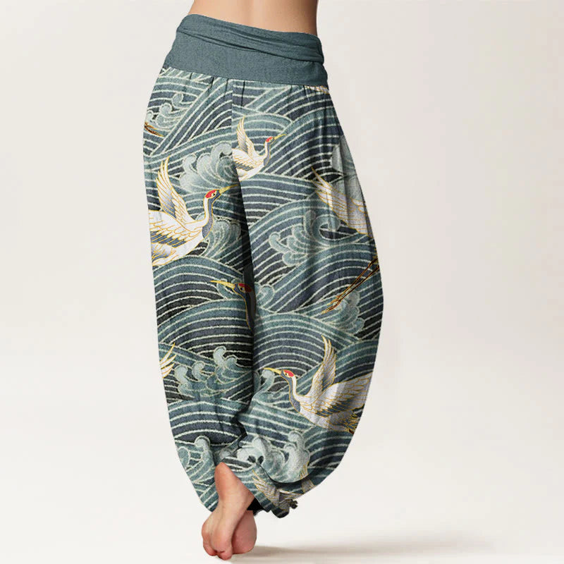 Buddha Stones Cotton Casual Crane Ocean Waves Pattern Elastic Waist Women's Harem Pants