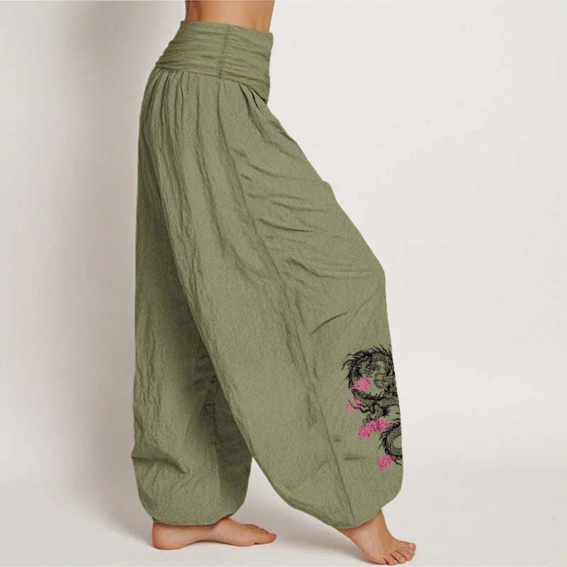 Buddha Stones Dragon Auspicious Clouds Flower Pattern Women's Elastic Waist Harem Cotton Pants