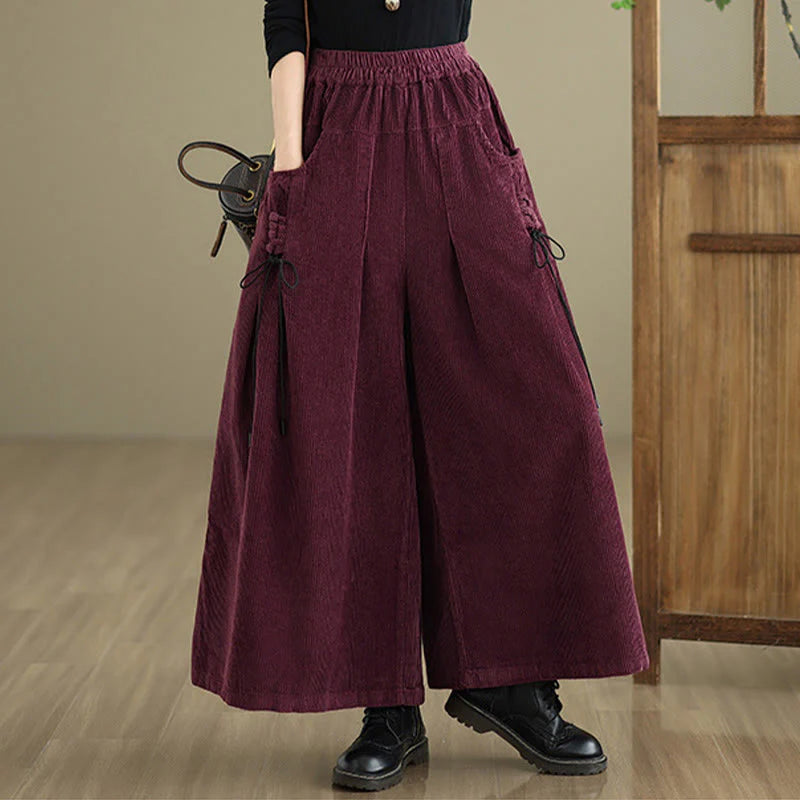 Buddha Stones Women's Pure Color Drawstring Design Wide Leg Corduroy Pants With Pockets