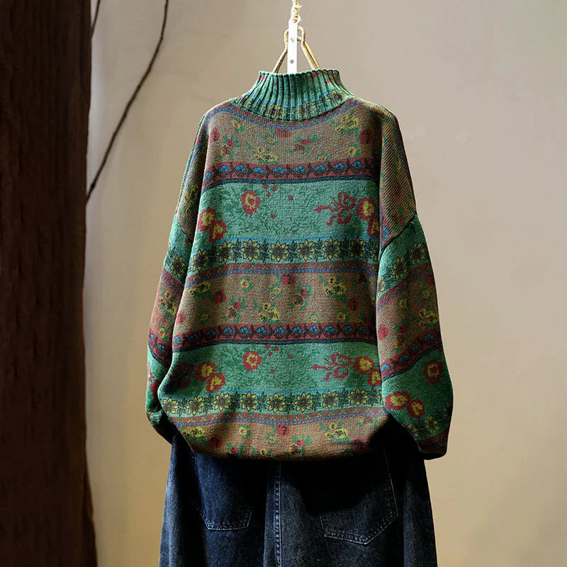 Buddha Stones Winter Color-block Flower Pattern Mock Neck Long Sleeve Women's Cotton Sweater