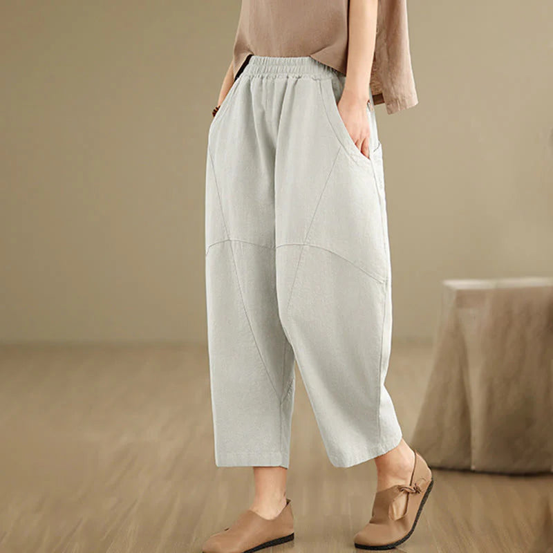 Buddha Stones Spring 7-8 Length Solid Color Women's Cotton Linen Harem Pants With Pockets