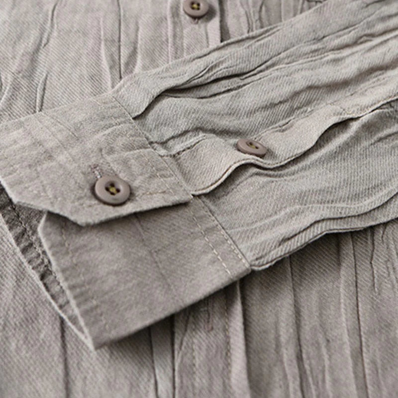 Buddha Stones Solid Long Sleeve Stand Collar Wrinkles Button Down Ramie Linen Men's Shirts