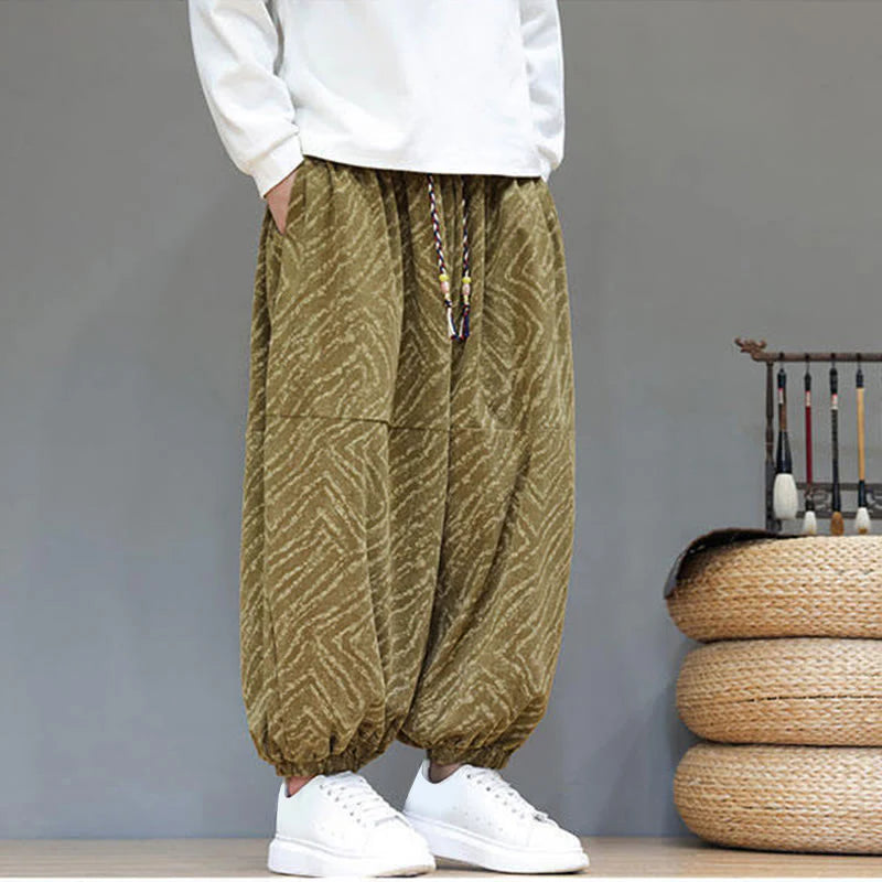 Buddha Stones Fall Texture Drawstring Design Corduroy Cotton Linen Men's Harem Pants With Pockets