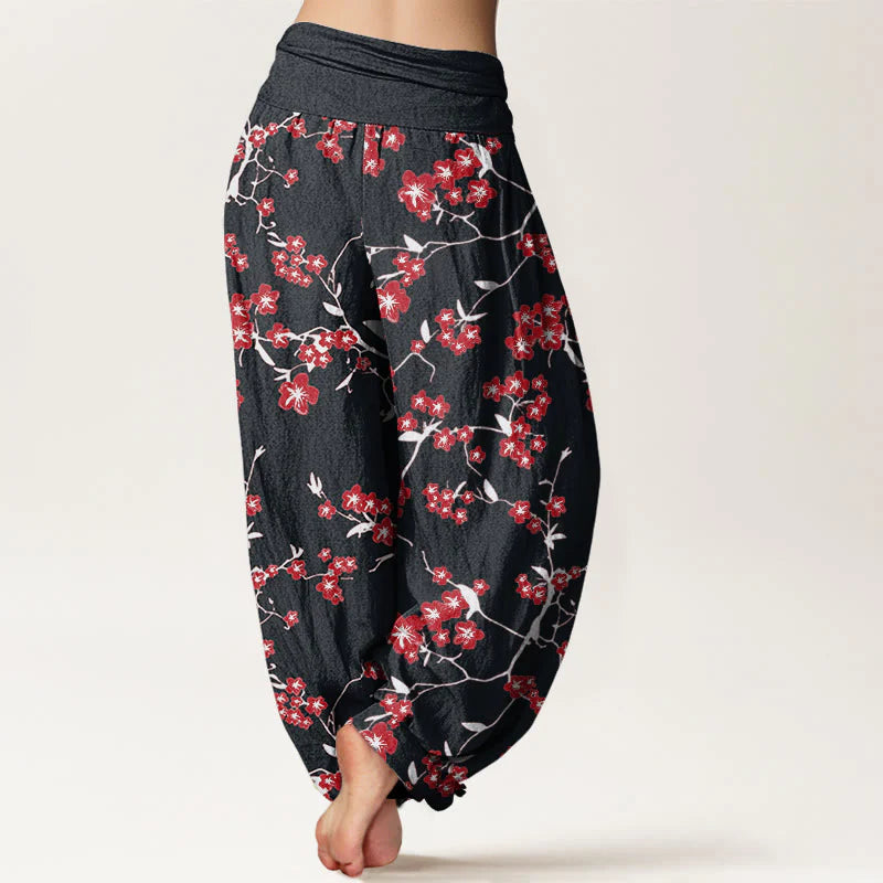 Buddha Stones Cotton Red Peach Blossom Pattern Women's Elastic Waist Harem Pants