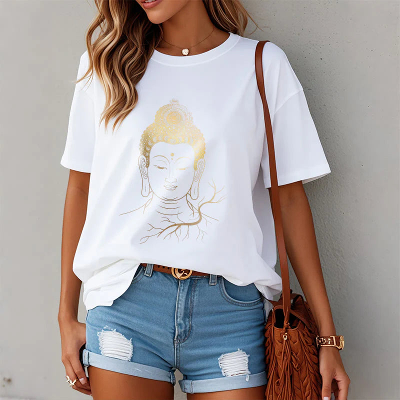Buddha Stones Golden Meditation Buddha Head Tee T-shirt