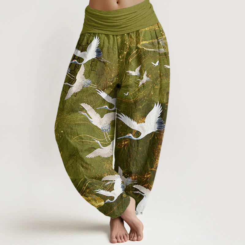 Buddha Stones Cotton Flying White Cranes Auspicious Clouds Design Women's Elastic Waist Harem Pants