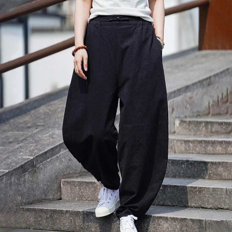 Buddha Stones Summer Plain One Chinese Frog-Button Straight Leg Design Men's Cotton Linen Pants With Pockets
