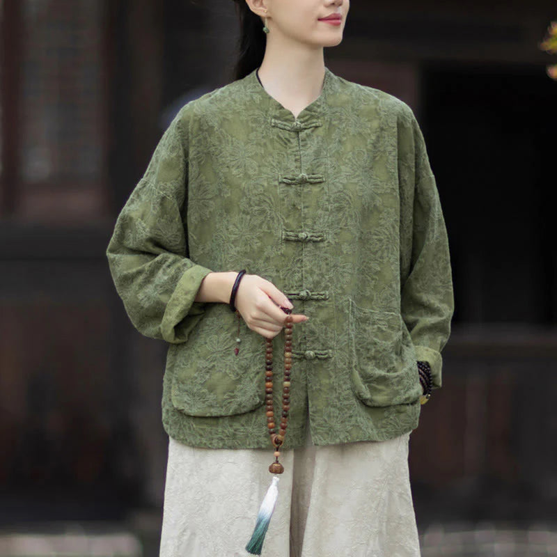 Buddha Stones Fall Jacquard Women's Frog-Button Long Sleeve Shirt Pants Cotton Linen Clothing