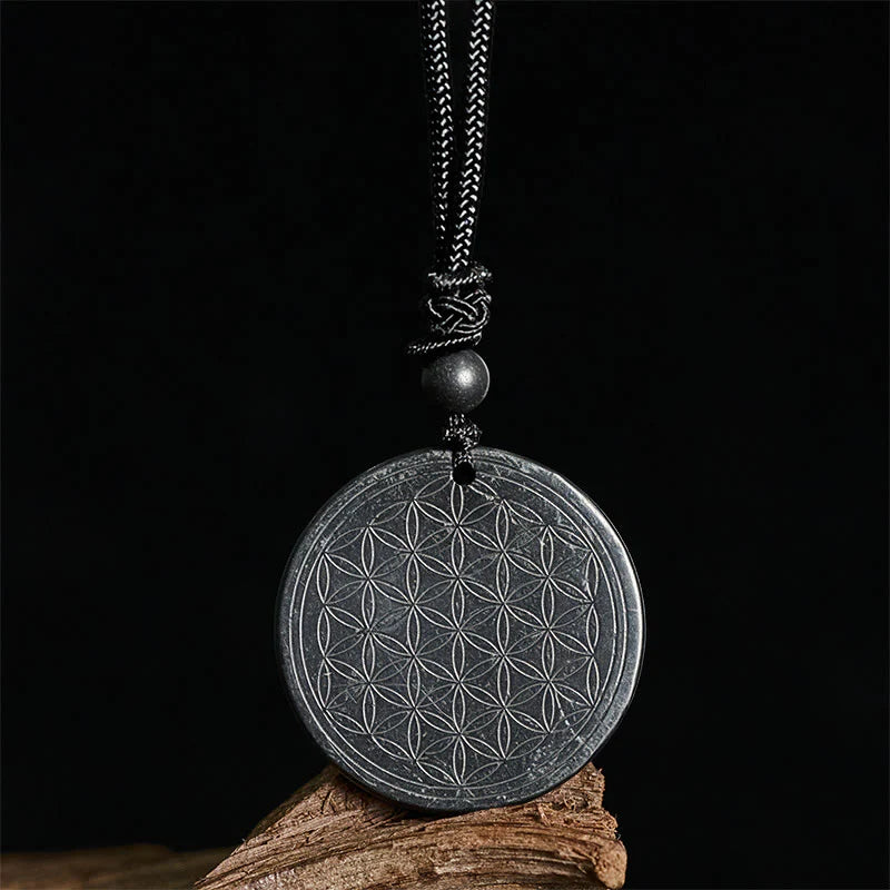 Buddha Stones Flower of Life Carving Design Authentic Shungite Stone Protection Necklace Pendant