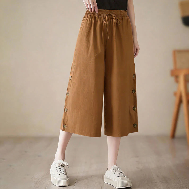 Buddha Stones Plain Buttoned Side Design Capri Cropped Women's Wide Leg Pants With Pockets