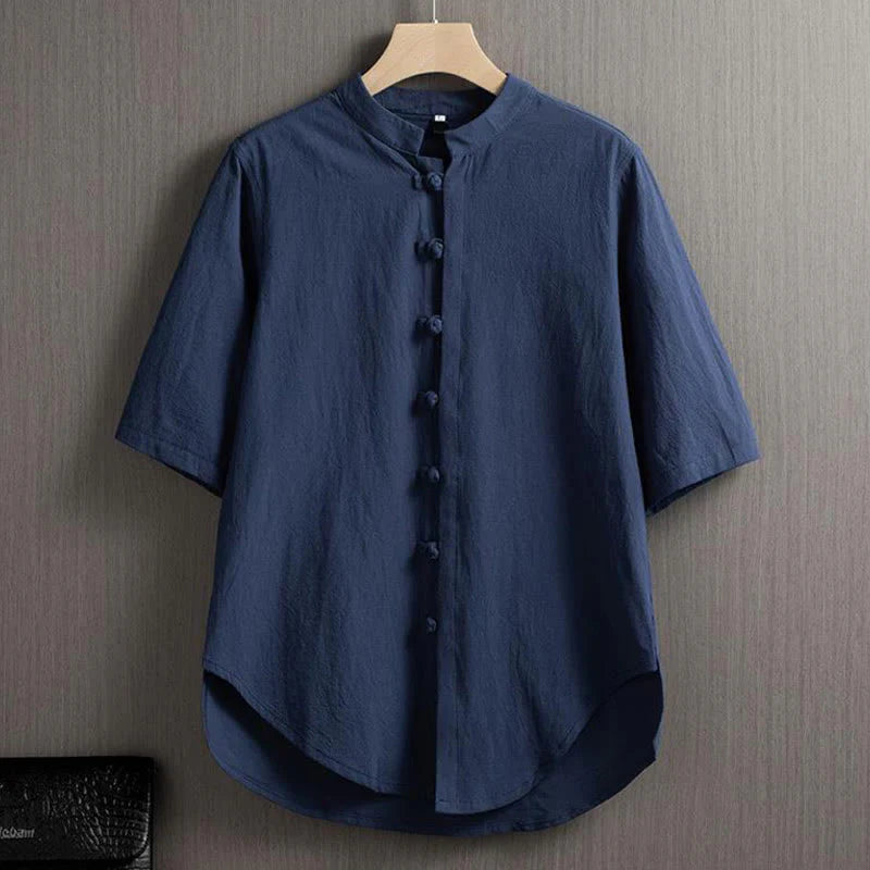 Buddha Stones Frog-Button Plain Chinese Tang Suit Short Sleeve Shirt Cotton Linen Men Clothing