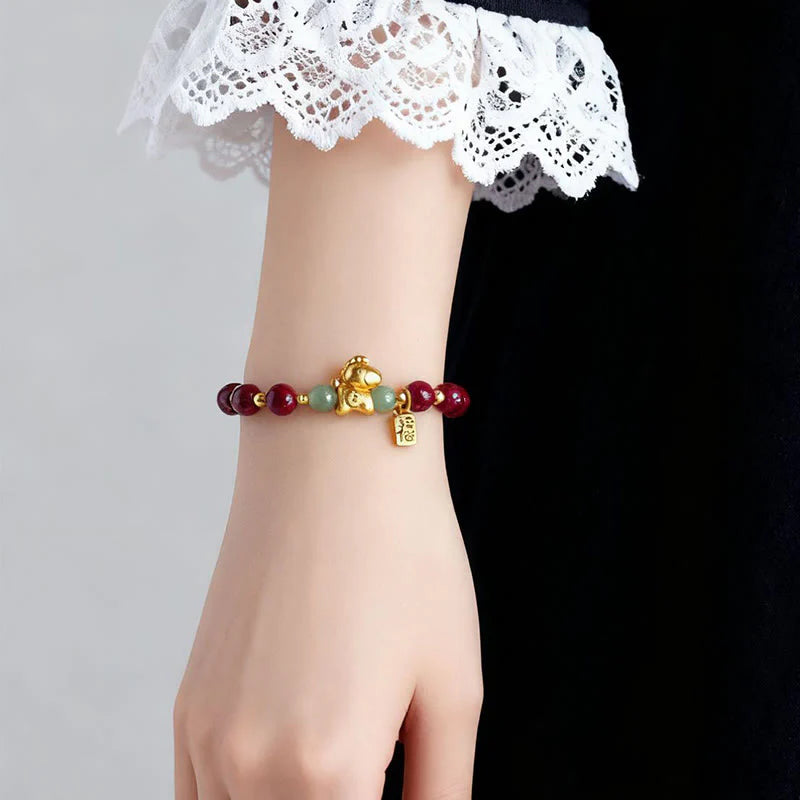 Buddha Stones Chinese Zodiac Year of the Horse Fu Character Cinnabar Hetian Jade Blessing Bracelet