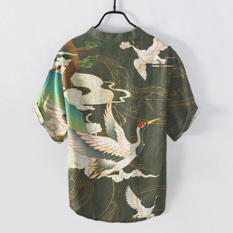 Buddha Stones Cotton Crane Auspicious Clouds Pine Pattern Men's Short Sleeve Half Button Shirt