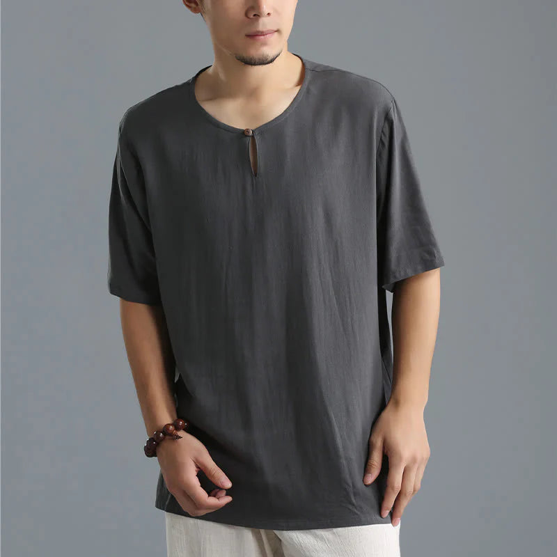 Buddha Stones Men's Solid Color Round Neck Short Sleeve CottonÂ Linen Shirt