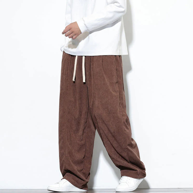 Buddha Stones Plain Drawstring Pure Cotton Corduroy Men's Harem Pants With Pockets