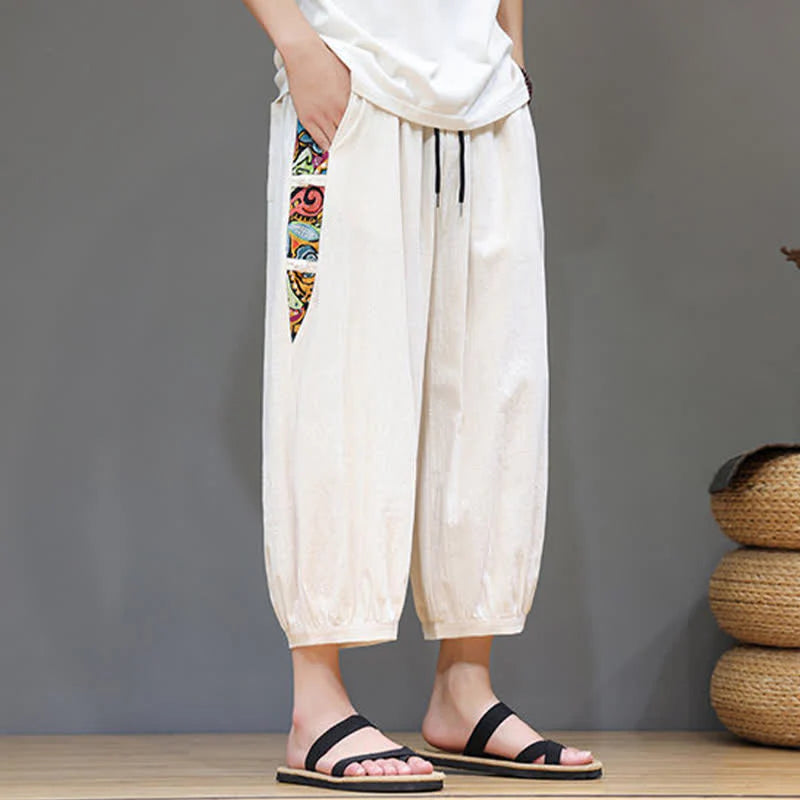 Buddha Stones Summer Tribal Side Stripe Drawstring Waist Men's Capri Tapered Pants With Pockets