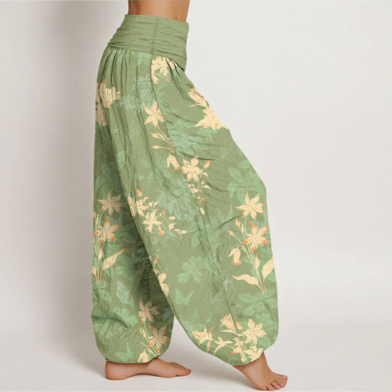 Buddha Stones Cotton Fresh Refined Flower Leaf Pattern Women's Elastic Waist Harem Pants