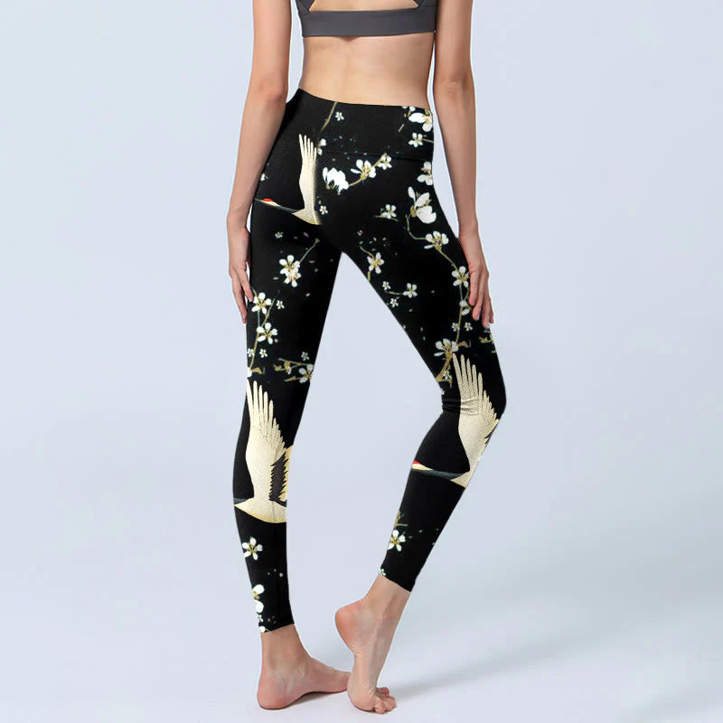 Buddha Stones Red-crowned Cranes Plum Blossoms Pattern Print Gym Leggings Women's Yoga Pants