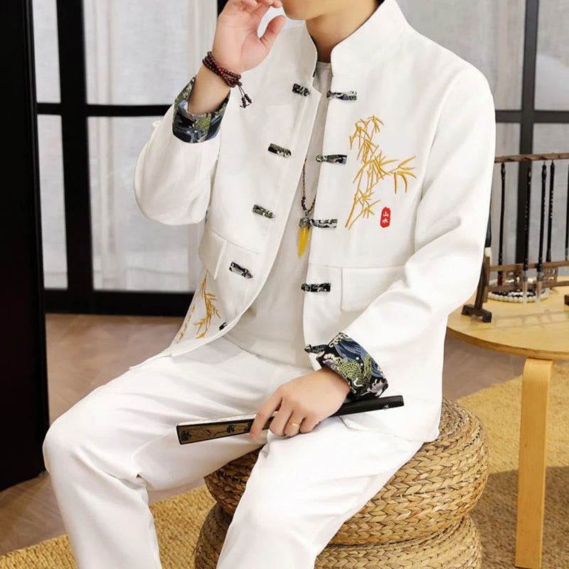 Buddha Stones 2Pcs Tang Suit Bamboo Frog-Button Men's Long Sleeve Shirt Pants Clothing Set