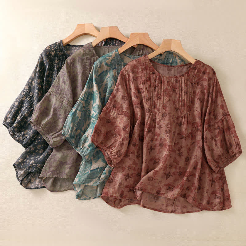 Buddha Stones Commute Floral Crew Neck Pleated Design Puff Short Sleeve Women's T-Shirt