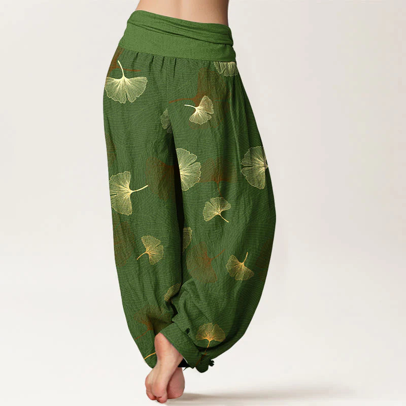 Buddha Stones Cotton Elegant Ginkgo Pattern Women's Elastic Waist Harem Pants