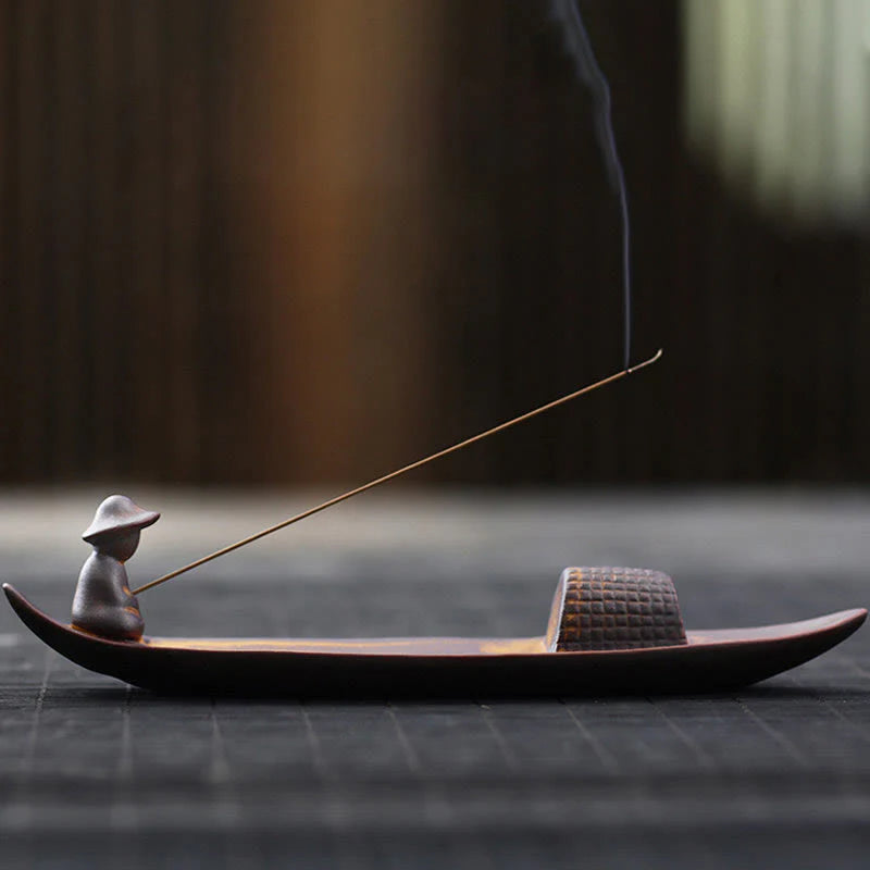 Buddha Stones A Lonely Fisherman Afloat Ceramic Healing Incense Burner