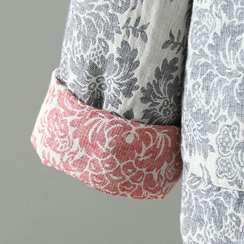 Buddha Stones Women's Peony Flowers Frog-Button Design Long Sleeve Thermal Jacket With Pockets